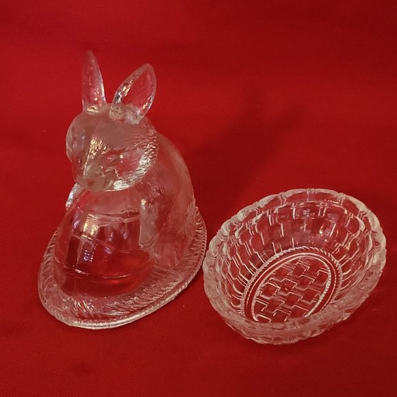 VTG Clear Glass Bunny Rabbit Nut on Nest Covered Trinket Oval Candy Dish Peach T - Picture 5 of 11